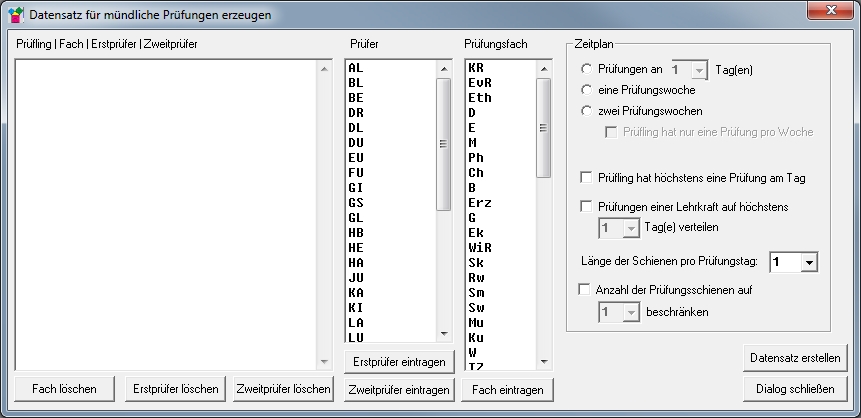 Dialog „Datensatz für mündliche Prüfungen erstellen"