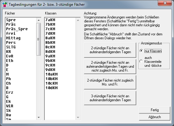 Dialog „Tagbedingungen für 2- bzw. 3-stündige Fächer"