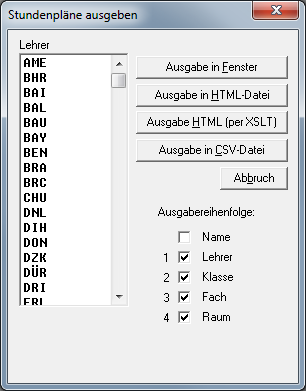Dialog „Stundenpläne ausgeben" mit Ausgabe in Fenster, HTML oder CSV