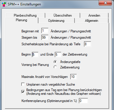 SPM++-Einstellungen mit Registerkarten Planung, Optimierung, Allgemein