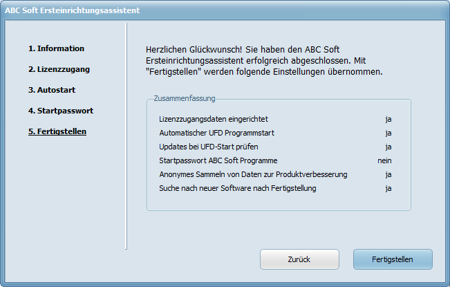 Zusammenfassung der Einstellungen im letzten Schritt
