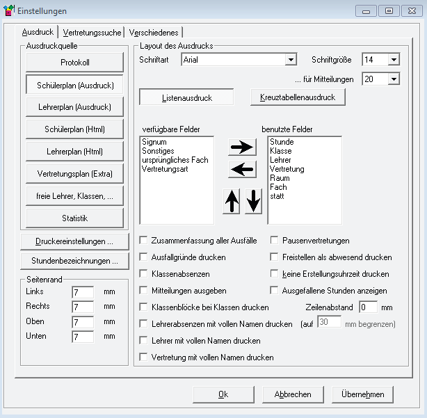 VPM-Einstellungen, Registerkarte Ausdruck mit Feldauswahl und Layout-Optionen